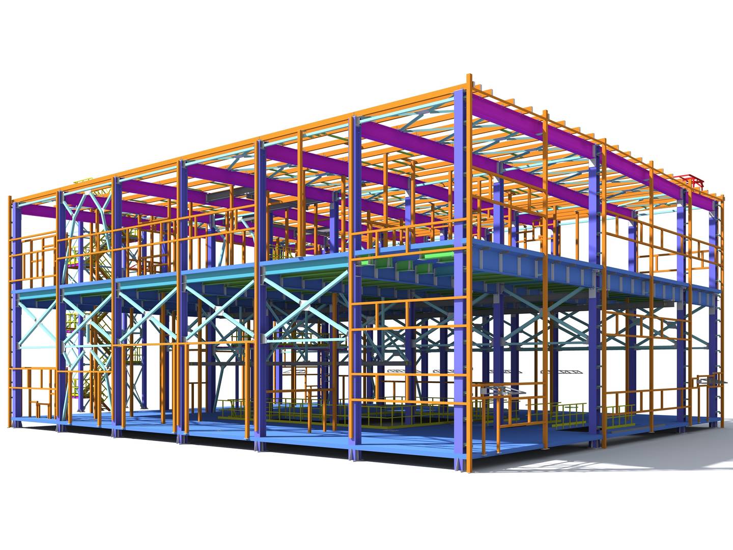 Digital 3D model of a building framework showcasing colorful structural elements, used to visualize and plan construction projects.