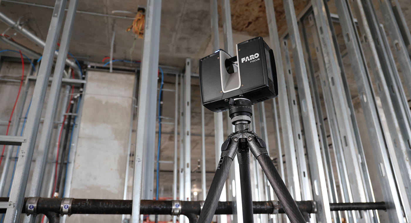 FARO Focus Premium terrestrial laser scanner from below in a construction area