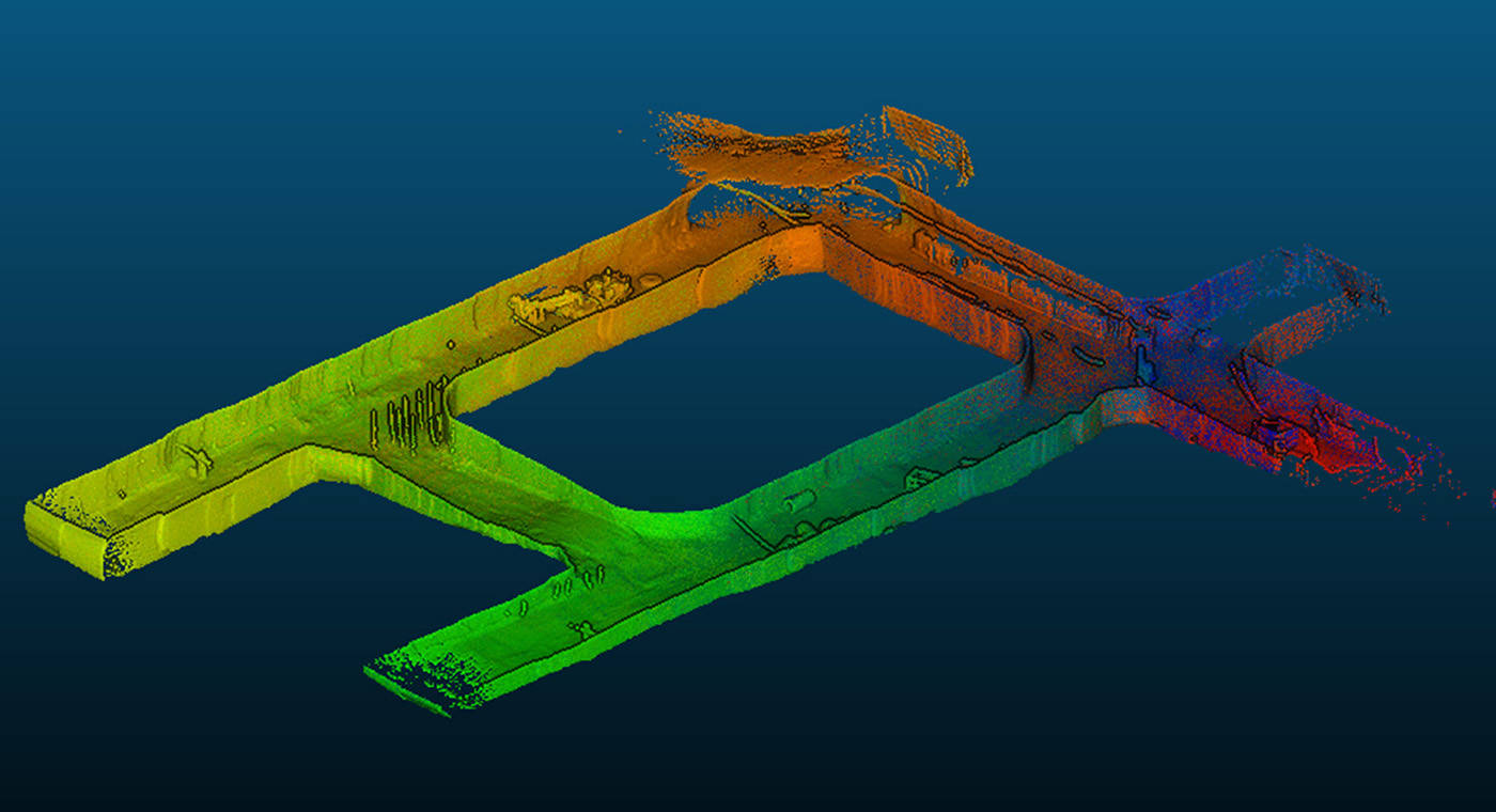 Point cloud data of a mine tunnel, sliced in half